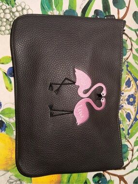 Thirty-One | Leather Clutch with Pink Flamingo Embroidery